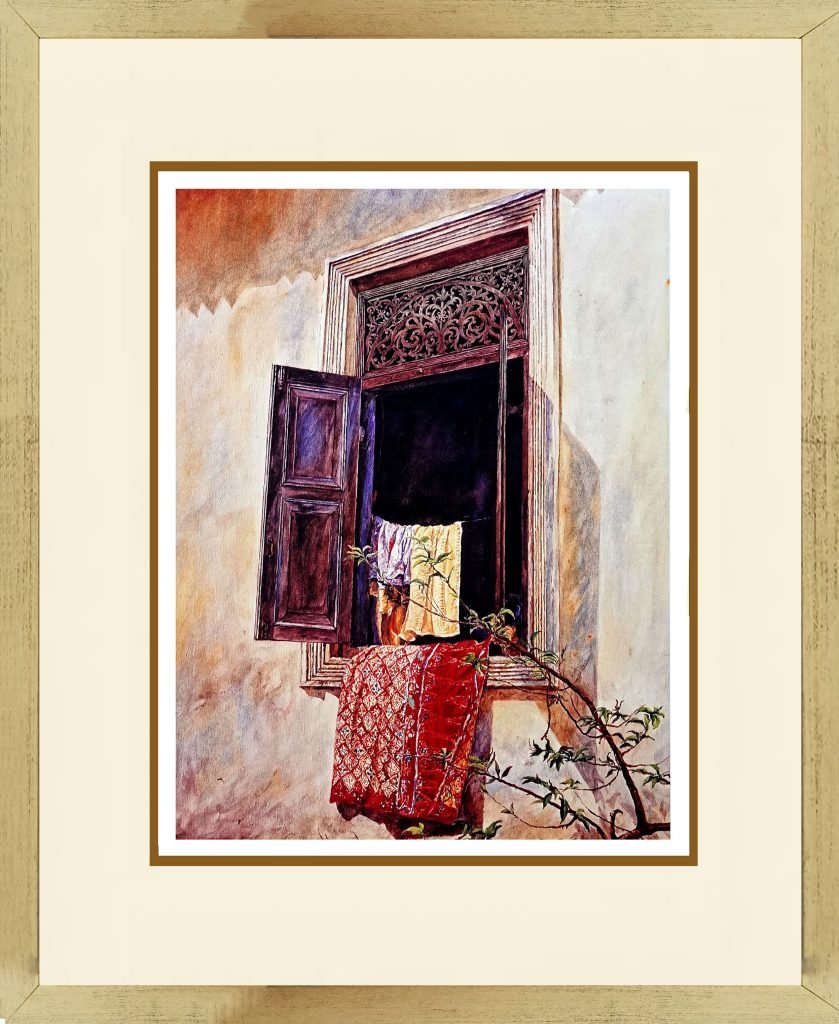 watercolour painting of malay kampong window with batik fabric hanging by chang fee ming